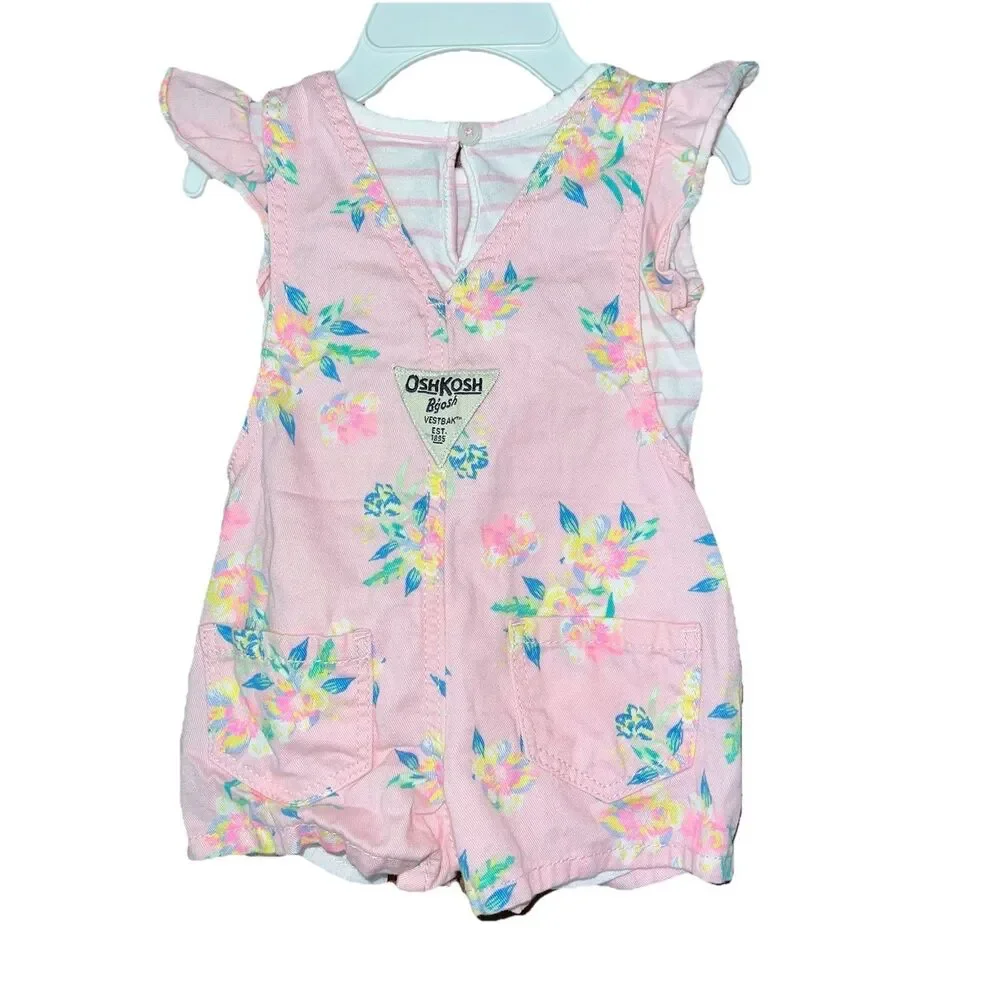 OshKosh B'gosh Baby Pink Floral Matching Set Size 3 Months Shortalls Snaps